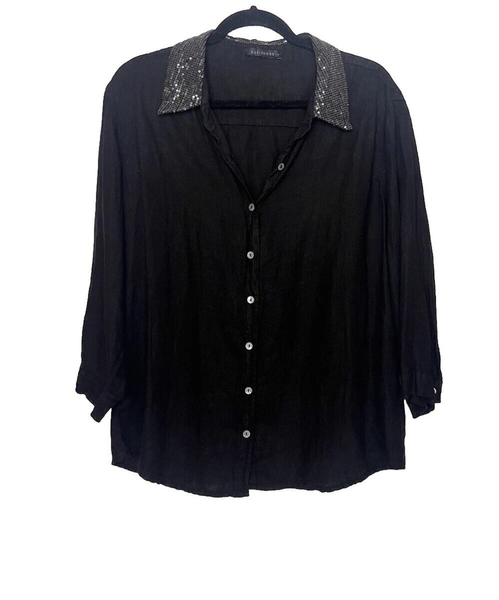 Cut Loose Black 100% Linen Sequins Collar Button Front Shirt Women’s Sz Large